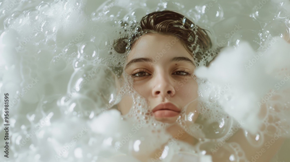 A dreamy portrait of a person submerged in a foamy bath with bubbles, exuding a sense of relaxation and tranquility. A dreamy portrait of a person submerged in a foamy bath with bubbles, exuding a sense of relaxation and tranquility.