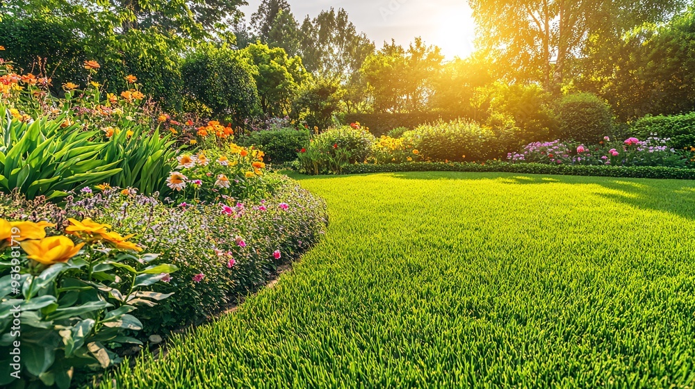 Obraz premium A lush green lawn with a flower bed in the foreground, illuminated by the warm glow of the setting sun.