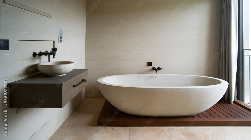 Fototapeta premium A minimalist modern bathroom with a white ellipse bathtub. There's a wooden panel beside the bathtub. Above the bathtub,there's a wall-mounted vanity with a ceramic bowl.