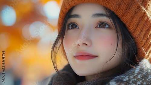 秋の紅葉を観賞する日本人女性 photo