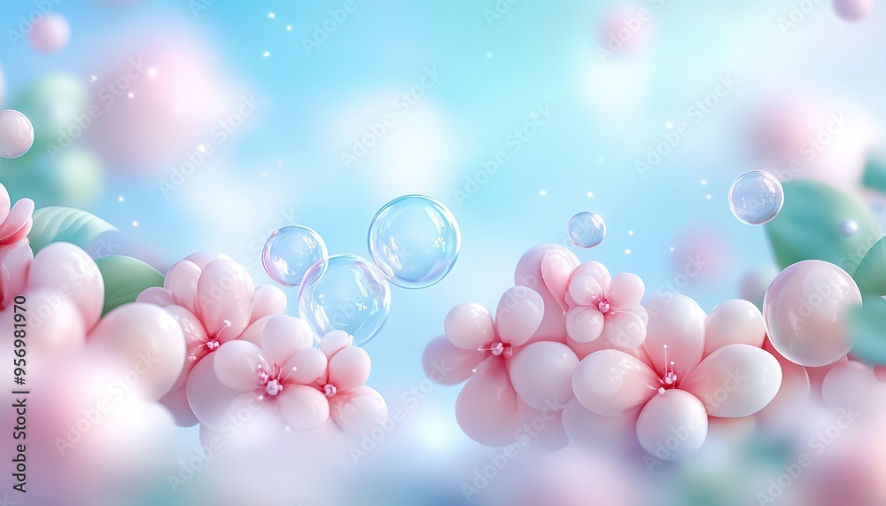 A dreamy scene featuring soft pastel flowers and floating bubbles against a serene blue background, evoking a sense of tranquility. A dreamy scene featuring soft pastel flowers and floating bubbles against a serene blue background, evoking a sense of tranquility.