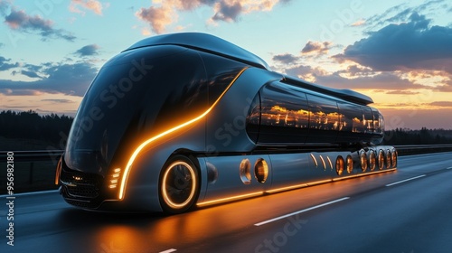 Futuristic Bus on Highway at Sunset