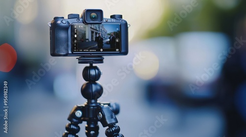 A person setting up a camera or smartphone on a tripod, preparing to film themselves for a vlog or project