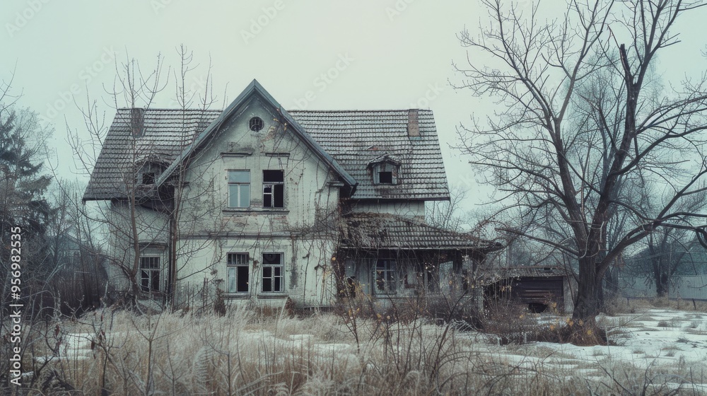 An eerie, dilapidated house surrounded by barren trees and overgrown grass in a cold, desolate setting, evoking a sense of mystery and abandonment. An eerie, dilapidated house surrounded by barren trees and overgrown grass in a cold, desolate setting, evoking a sense of mystery and abandonment.