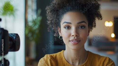 A close-up of a person recording a video message, speaking directly into the camera with confidence