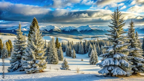 Snow-dusted evergreen trees stand tall against a serene winter landscape, with powdery snow covering rolling hills and distant mountains in Big Sky Country, Montana. photo