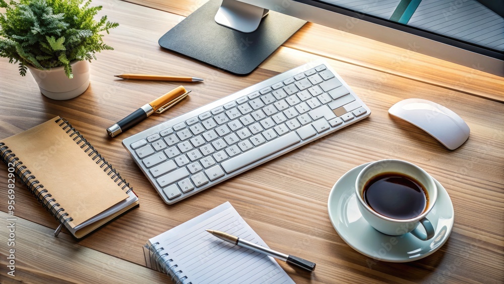 Modern computer keyboard and mouse on a cluttered office desk with papers, pens, and coffee cup, in a busy and organized workspace atmosphere.