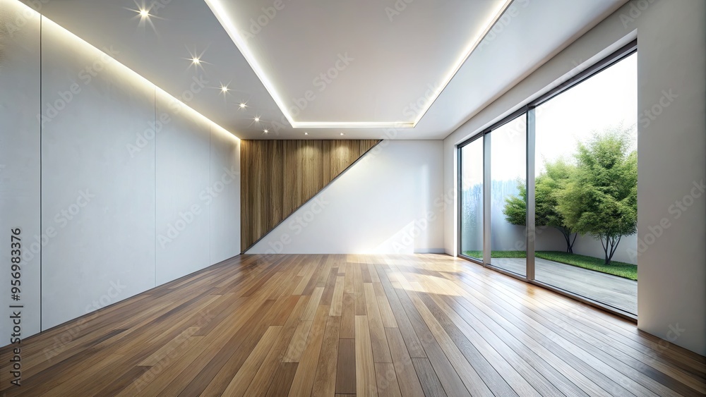 A vacant, modern room with a stark, minimalist aesthetic, featuring a sharp angle between a white wall and a polished hardwood floor.