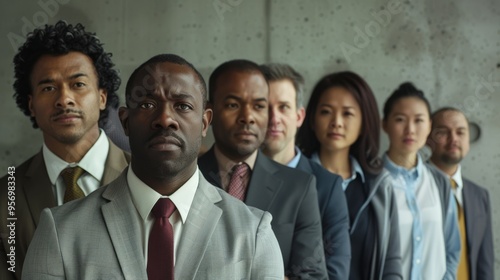 A focused, professional team in business attire standing in a line, all looking serious and determined against a minimalist concrete backdrop.