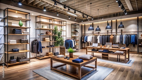 Modern fashion store interior with neatly displayed clothing racks, trendy accessories, and well-lit storefront, evoking a sense of style and affordability. photo