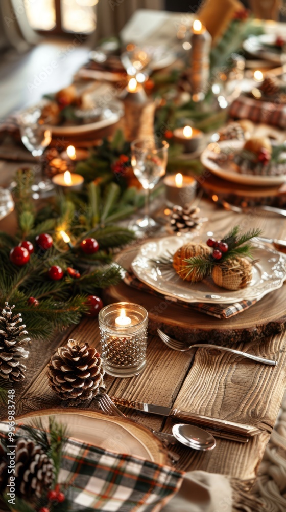 This festive setting features a rustic wooden table adorned with pine cones, holly, and warm candlelight, making it the perfect cozy atmosphere for a Christmas dinner