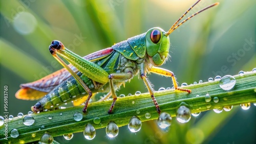 A vibrant green grasshopper perches on a dew-kissed blade of grass, its intricate wings and compound eyes magnificently showcased in a stunning macro close-up.