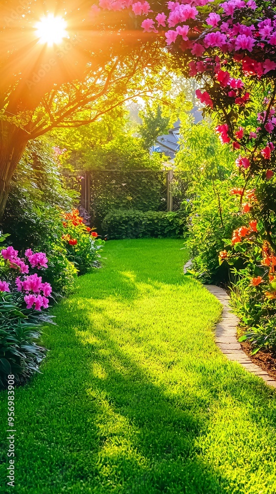 Fototapeta premium A lush green lawn with a stone walkway surrounded by vibrant pink and orange flowers. The sun shines through the leaves of a tree, creating a warm glow.