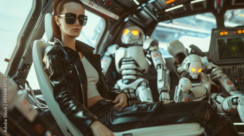 A woman in a futuristic setting sits confidently in a spaceship cockpit with her humanoid robot companions, exuding a sense of control and adventure.