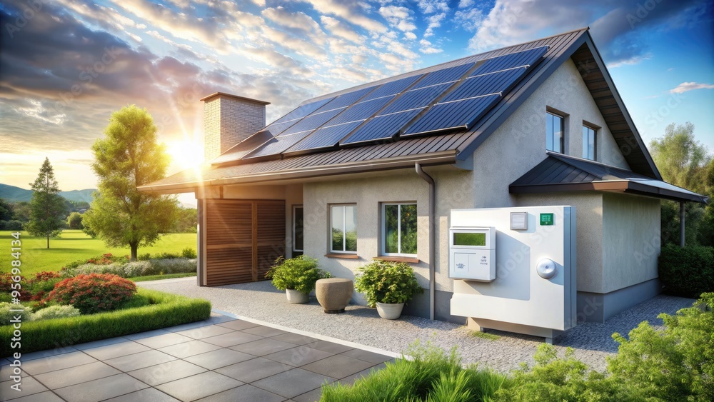 Fototapeta premium Modern high-efficiency residential HVAC system with solar panels and smart thermostat, providing sustainable and eco-friendly climate control and energy conservation solutions.