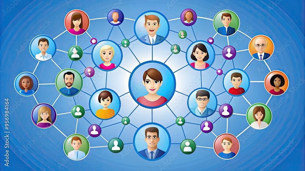 Social media community symbol featuring a circular arrangement of intertwined profiles, representing online social connections and shared interests within a virtual gathering space. Social media community symbol featuring a circular arrangement of intertwined profiles, representing online social connections and shared interests within a virtual gathering space.