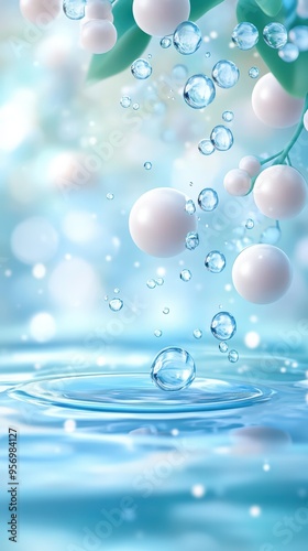 A serene close-up of water droplets and smooth spheres gently cascading on a tranquil surface, creating a calming atmosphere.