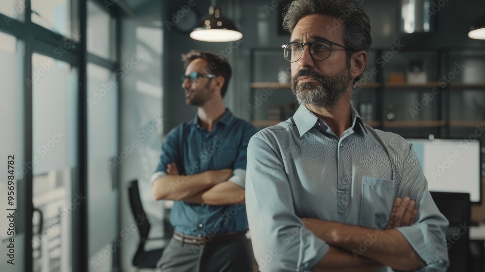 Two businessmen, one in the foreground deep in thought and the other analyzing a problem, depict leadership and decision-making in a modern office. Two businessmen, one in the foreground deep in thought and the other analyzing a problem, depict leadership and decision-making in a modern office.