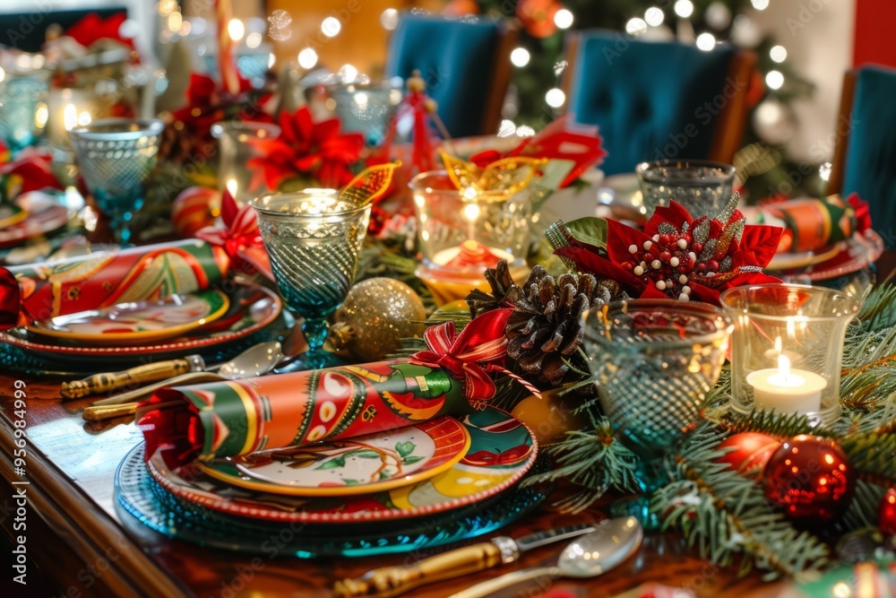 Naklejka premium A family Christmas dinner table set with colorful plates, Christmas crackers, and a variety of festive foods is centered around a joyful and vibrant holiday centerpiece