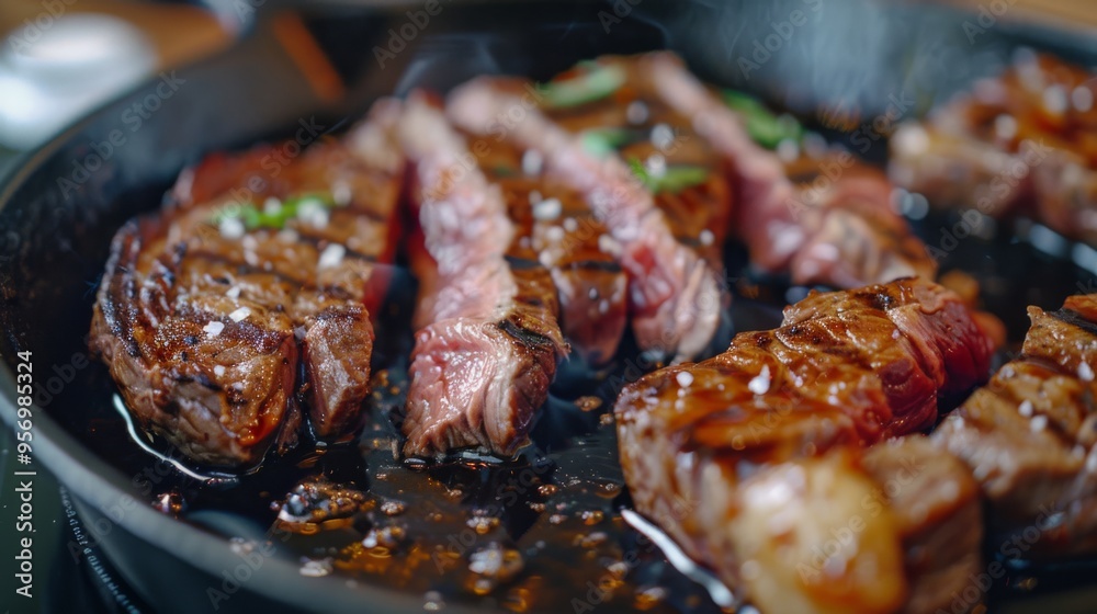 A sizzling skillet of perfectly cooked steaks kitchen’s mouthwatering aroma envelops the room, promising a delicious and hearty meal.