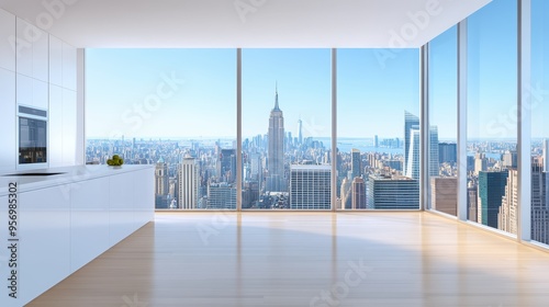 Modern kitchen with floor-to-ceiling windows offering a stunning view of the New York City skyline, featuring sleek white cabinetry.