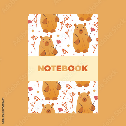 Cover of notebook with hand draw seamless pattern of capybaras with leaves, flower. Vector illustration in flat style. Cartoon cute animal for print.Kid children illustration.Page template,planner.