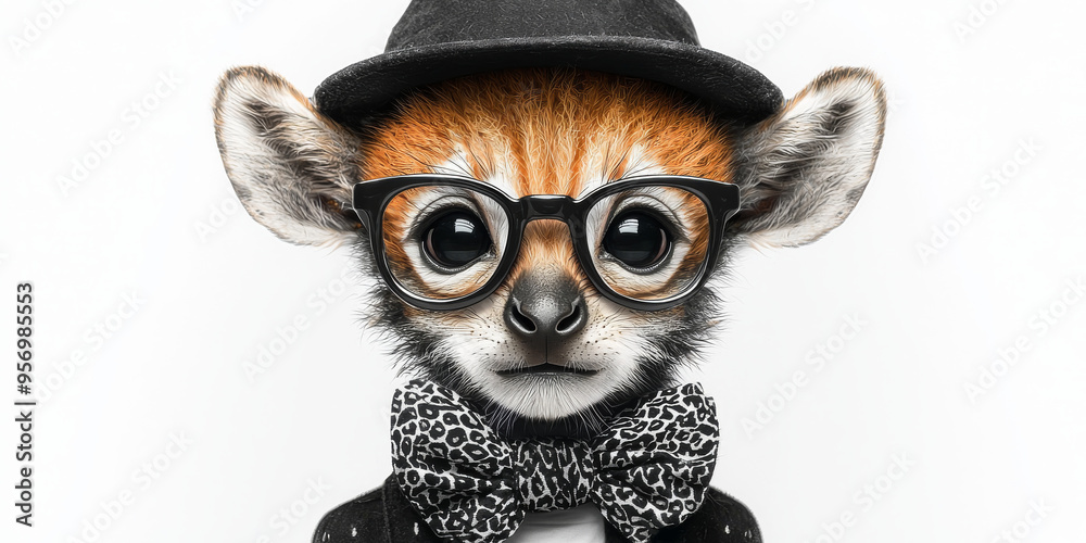 Fototapeta premium A cute lemur wearing a black hat and a bow tie with a black and white pattern.