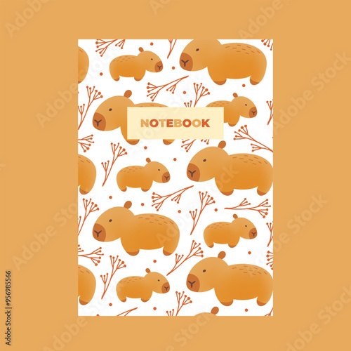Cover of notebook with hand draw seamless pattern of capybaras with leaves. Vector illustration in flat doodle style. Cartoon cute animal for print.Kids illustration.Page template,planners.