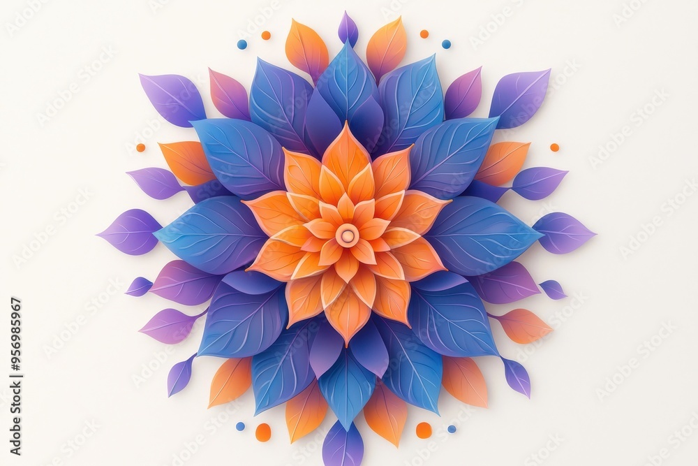 Obraz premium A vibrant floral mandala design featuring intricate leaves and petals in shades of orange and purple, perfect for artistic projects.