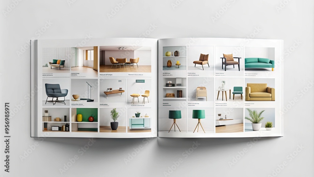 Modern minimalist product catalog layout featuring various colorful