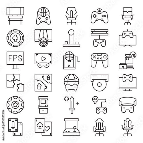 Gaming line icon collection. Editable stroke. Vector illustration. Containing playing cards, poker chip, puzzle, fps, casino chip, card game, arcade, map, trailer, race, arcade machine, buff