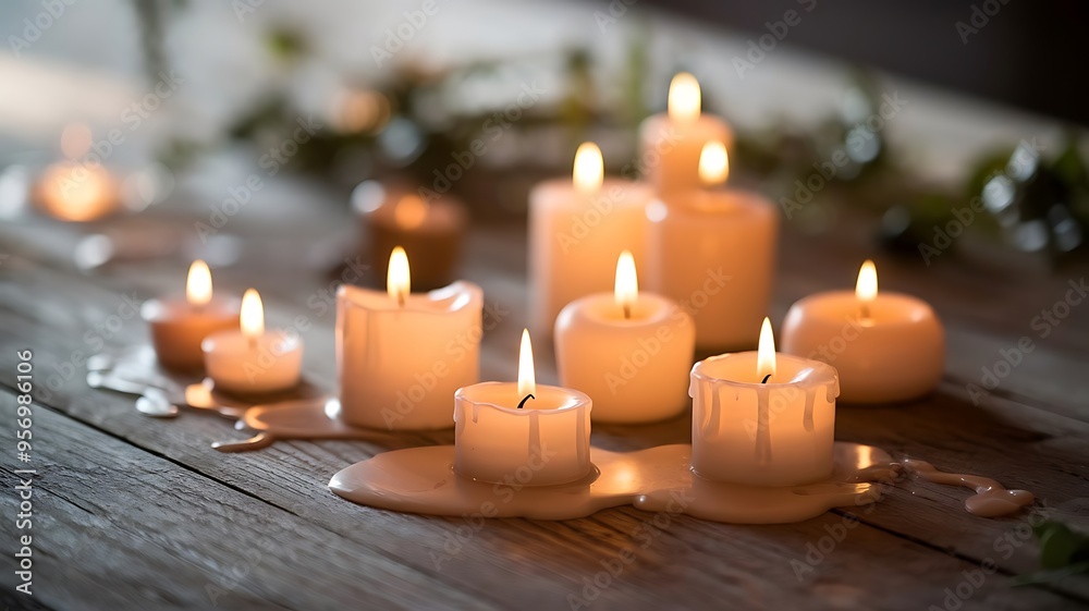 A calming scene of lit candles in various shapes on a rustic table, with flickering flames casting a warm glow and creating a serene atmosphere. A calming scene of lit candles in various shapes on a rustic table, with flickering flames casting a warm glow and creating a serene atmosphere.