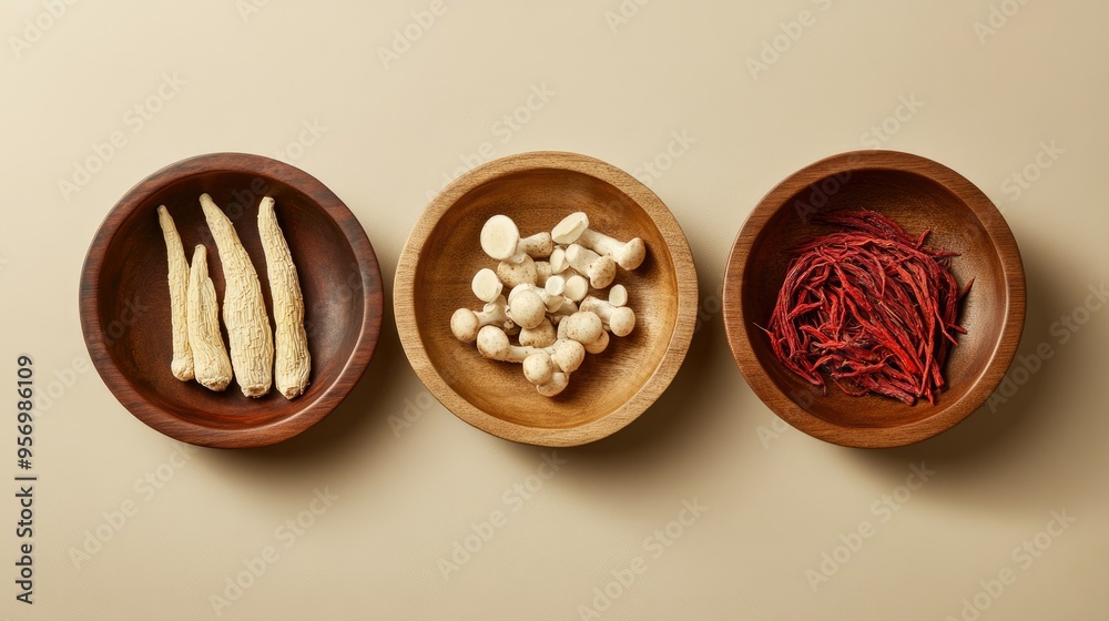 Wooden dishes featuring ginseng roots, Ganoderma mushrooms, and red ginseng, with a beige background to emphasize the authenticity Wooden dishes featuring ginseng roots, Ganoderma mushrooms, and red ginseng, with a beige background to emphasize the authenticity