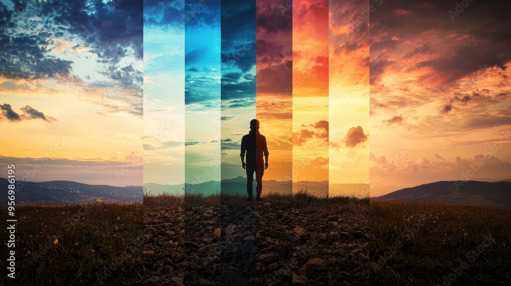 Fototapeta premium A series of images showing different stages of personal growth, from uncertainty to self-realization, as a person finds themselves