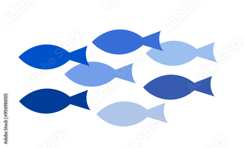 Blue fish in the ocean. Shoal of fish. Sea life vector illustration.