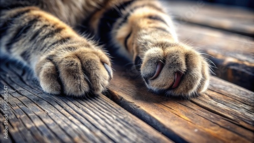 A whiskered feline's soft, padded paw with delicate toes and sharp claws lies gently on a worn wooden surface, exuding warmth and serenity. photo