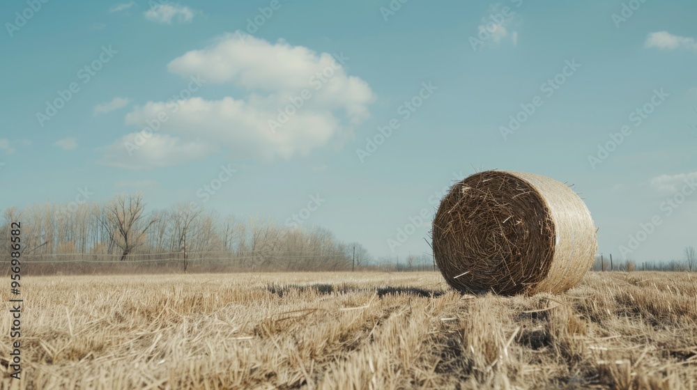 A lone hay bale sitting in a vast, harvested field under a bright blue sky with scattered clouds. A lone hay bale sitting in a vast, harvested field under a bright blue sky with scattered clouds.