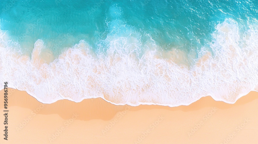 Aerial top down view of beach and sea with blue water waves Aerial top down view of beach and sea with blue water waves