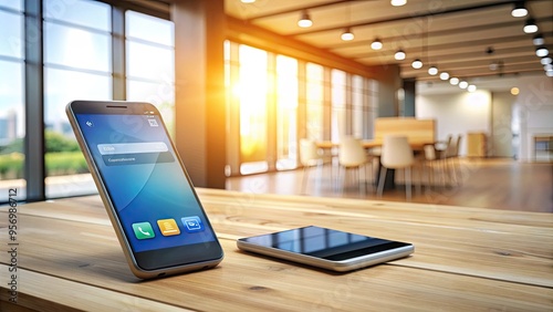 Modern smartphone displaying mobile payment app with digital wallet and credit card information, illuminated screen reflecting on wooden desk in bright office environment. photo