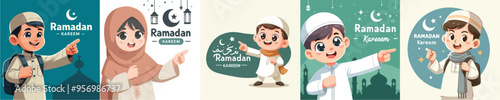 vector set kid with ramadan kareem text