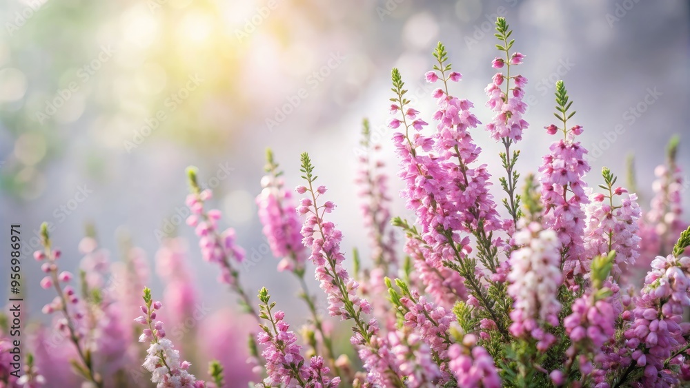 Soft focus image of delicate heather flowers against a calming grey background, evoking a serene and peaceful atmosphere in a natural, rustic setting. Soft focus image of delicate heather flowers against a calming grey background, evoking a serene and peaceful atmosphere in a natural, rustic setting.