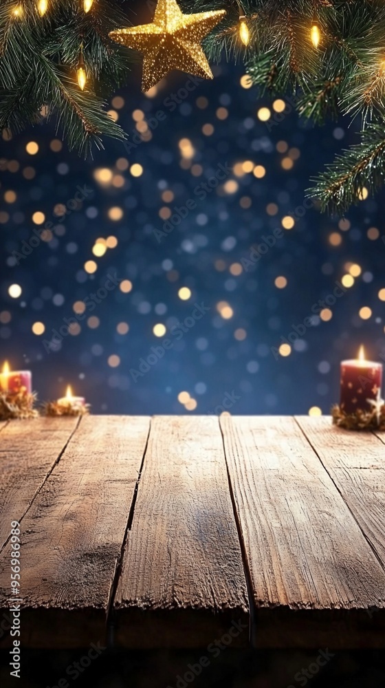 Festive wooden table with glowing candles and Christmas decorations, set against a backdrop of twinkling lights and pine branches, creating a magical holiday ambiance. Festive wooden table with glowing candles and Christmas decorations, set against a backdrop of twinkling lights and pine branches, creating a magical holiday ambiance.