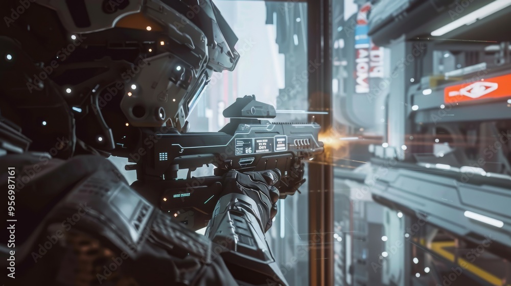 custom made wallpaper toronto digitalA futuristic soldier aims a high-tech weapon, surrounded by neon lights and immersive, urban sci-fi elements, depicting a cyberpunk action scene.