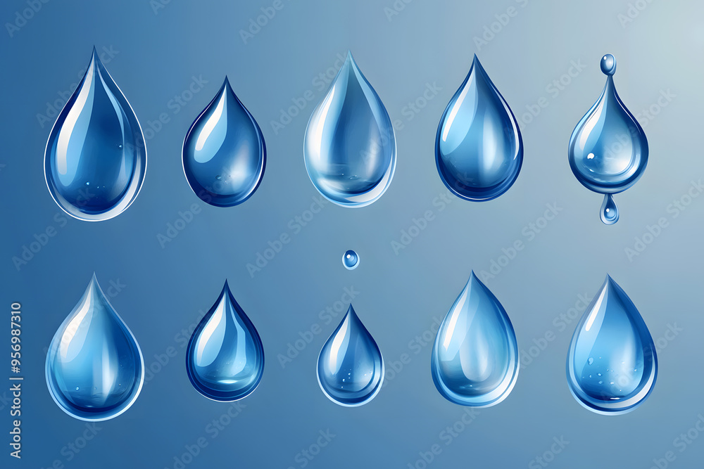 Realistic water droplets vector style set isolated on blue background Realistic water droplets vector style set isolated on blue background