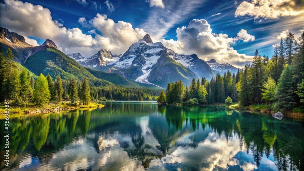 Fototapeta premium Breathtaking panoramic view of majestic snow-capped mountains towering above serene alpine lake surrounded by lush green forest under a vibrant blue sky with wispy clouds.