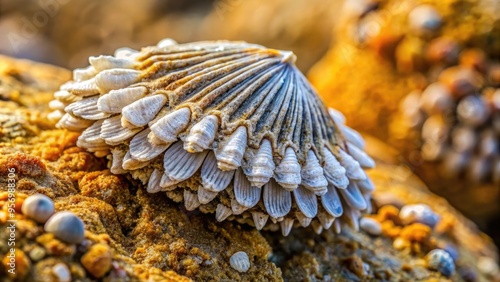 Close-up of a barnacle's intricate, calcified shell and feathery legs attached to a weathered rock, showcasing its unique texture and natural detail in sharp focus. photo