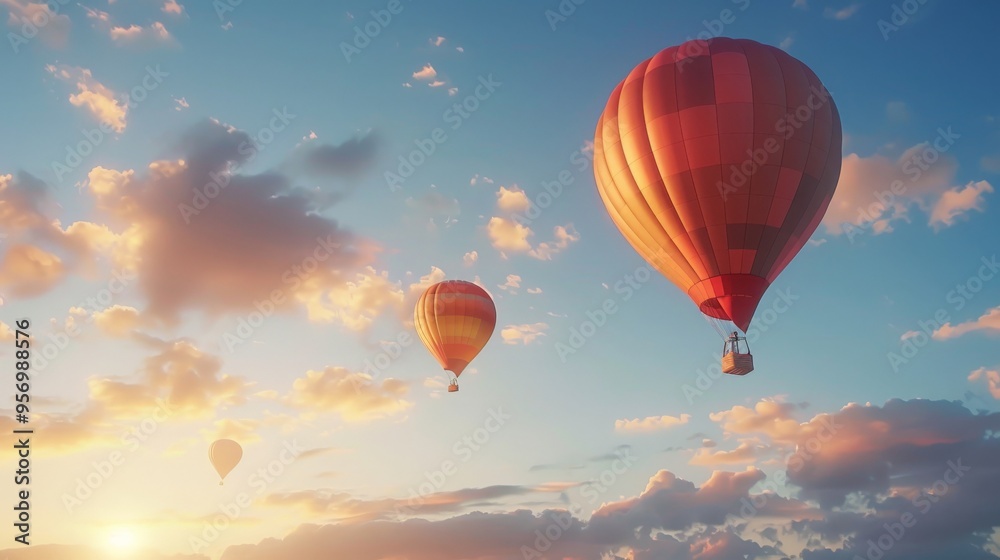 Fototapeta premium Hot air balloons floating peacefully against a morning sky