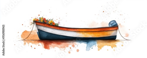 A colorful watercolor painting of a boat adorned with flowers, perfect for marine and nature-themed projects.