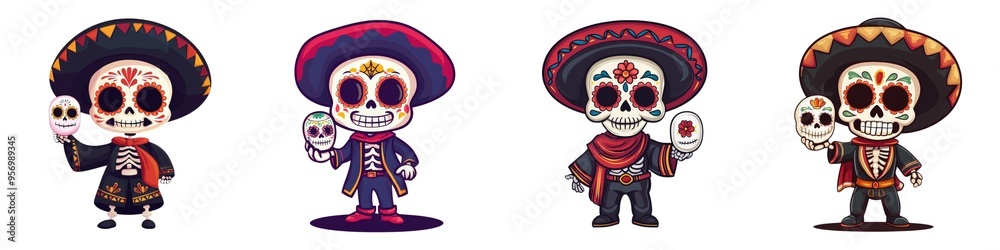 Colorful skeleton characters celebrate tradition with vibrant attire and decorative elements, perfect for festive designs. Colorful skeleton characters celebrate tradition with vibrant attire and decorative elements, perfect for festive designs.