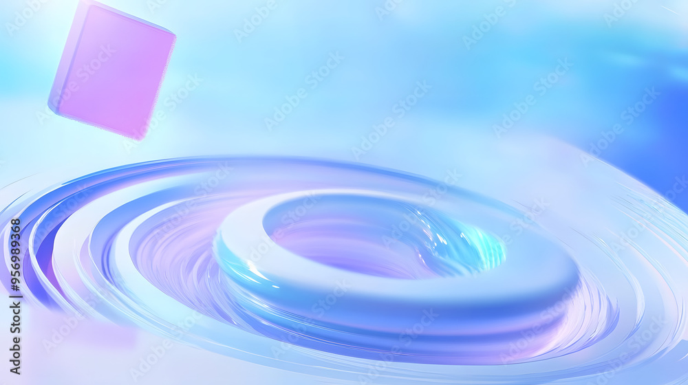 Bright Blue Background with Abstract Waves and Floating Pink Cube